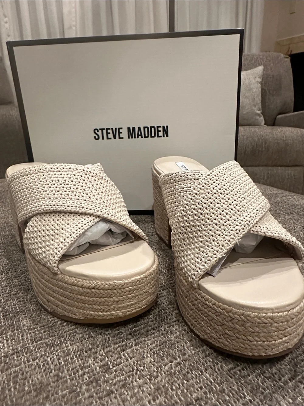 Steve Madden Beige Woven Espadrille Platform Slides